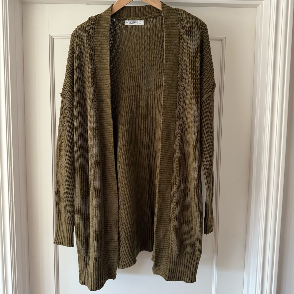 Arizona Jean Company Olive Green Oversized Knitted Cardigan Open Sweater Pockets